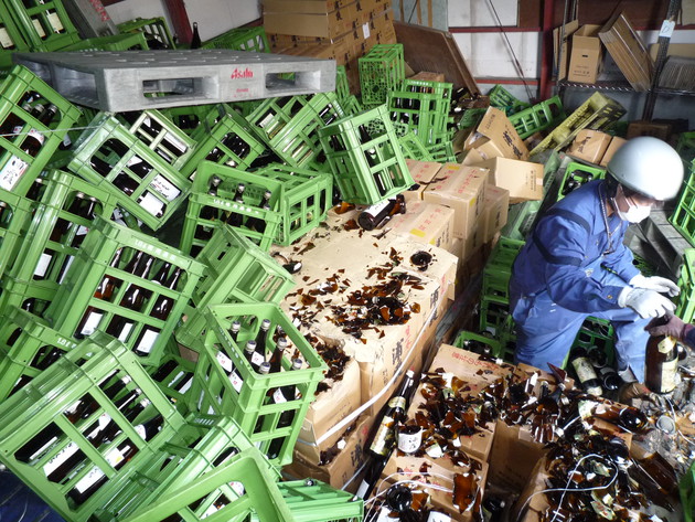 Broken sake bottles following the 2001 earthquake in Japan
